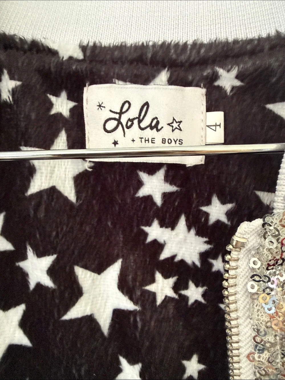 Lola + The Boys Silver Unicorn Sequin Jacket with Multicolor Star Patches